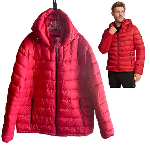 Michael Kors Blackfin PUFFER JACKET Men's XXL Red Quilted Nylon Black Zip NWOT - Picture 1 of 9